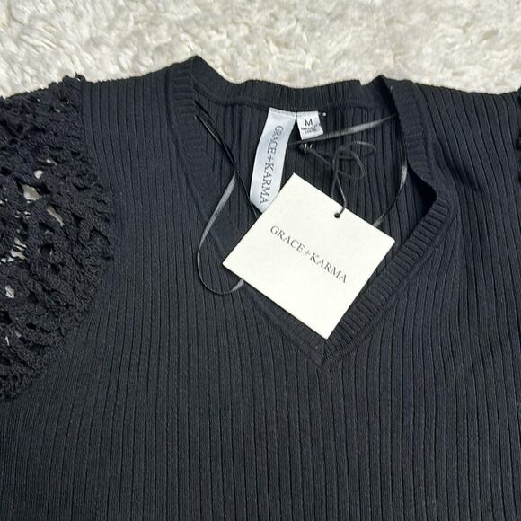 Grace+Karma Black Ribbed Blouse Fun Unique Balloon Sleeve Short Sleeve ZZ19 - Picture 3 of 6